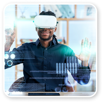 Man using VR headset with holographic interfaces